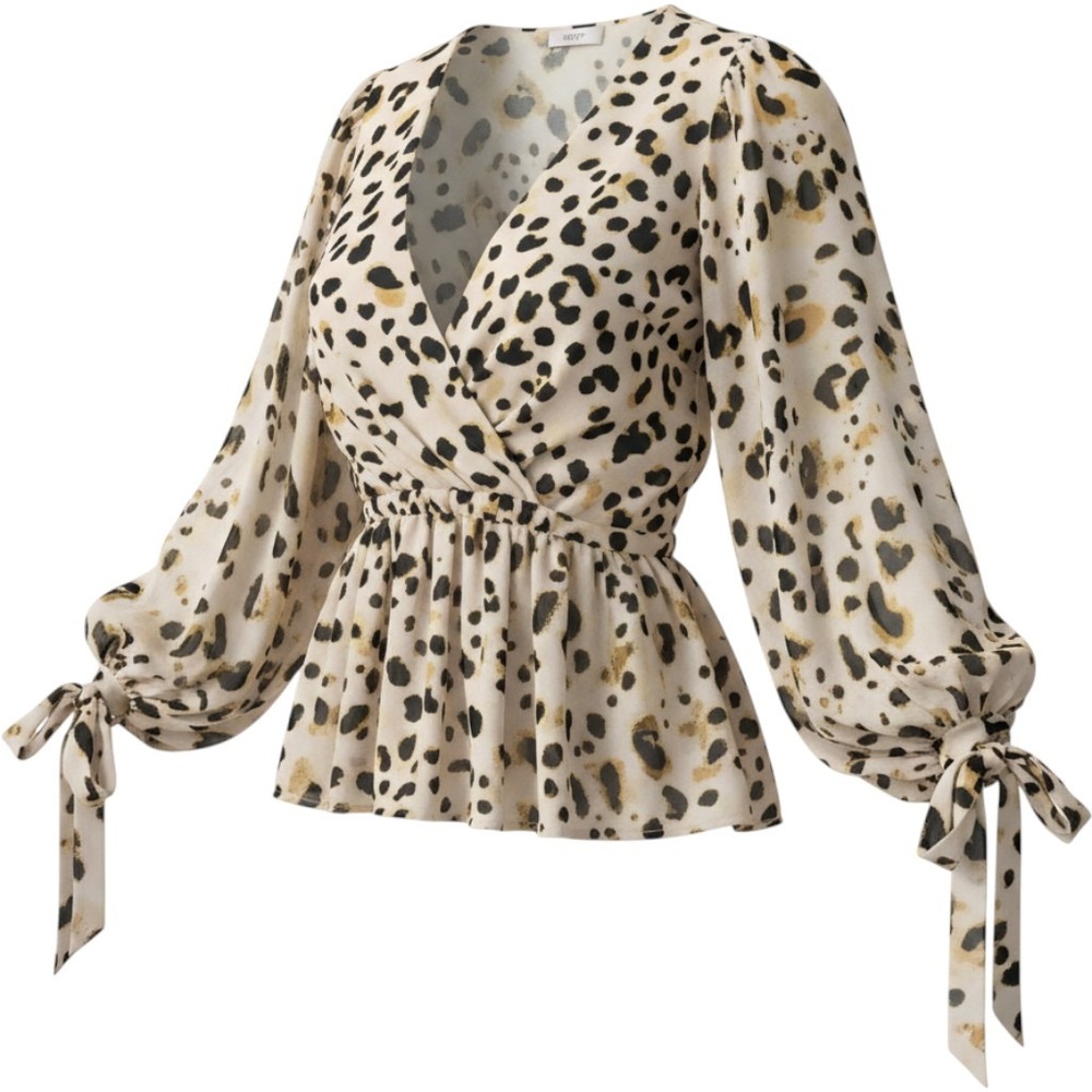 ASOS Leopard Print Wrap Peplum Blouse Balloon Sleeve V-Neck Top US 12 Mob Wife